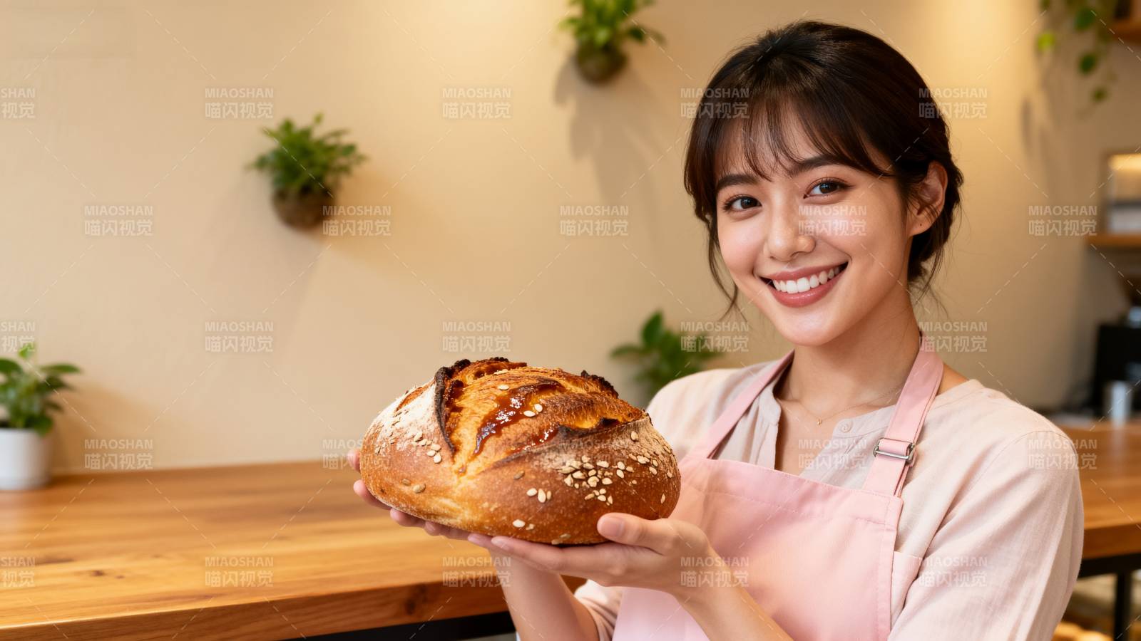 面包师微笑展示面包图片