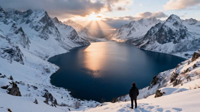 雪山湖畔日出美景图片