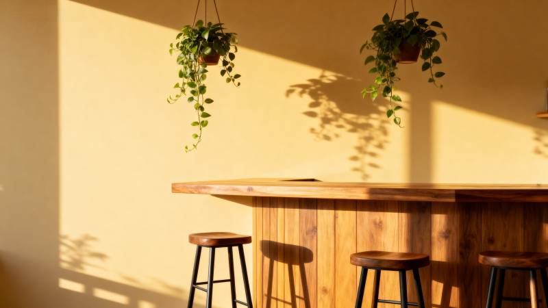 阳光下的木质吧台图片