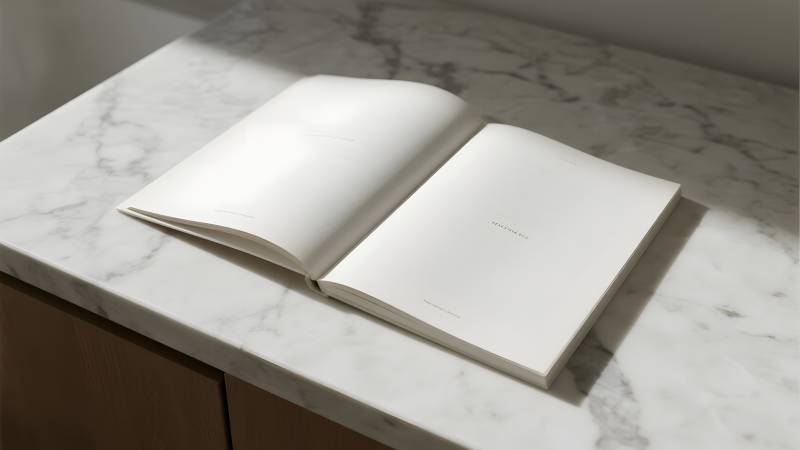 空白书页静置于大理石台面图片