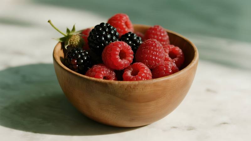 木碗盛满新鲜浆果图片