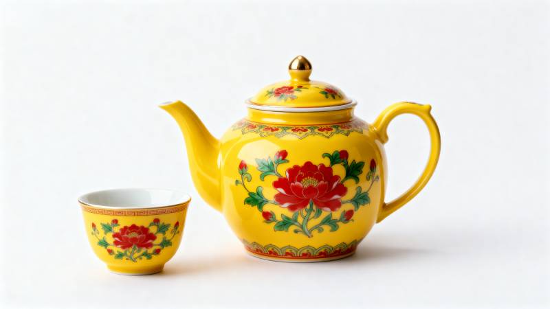 黄瓷茶具 花饰精美图片