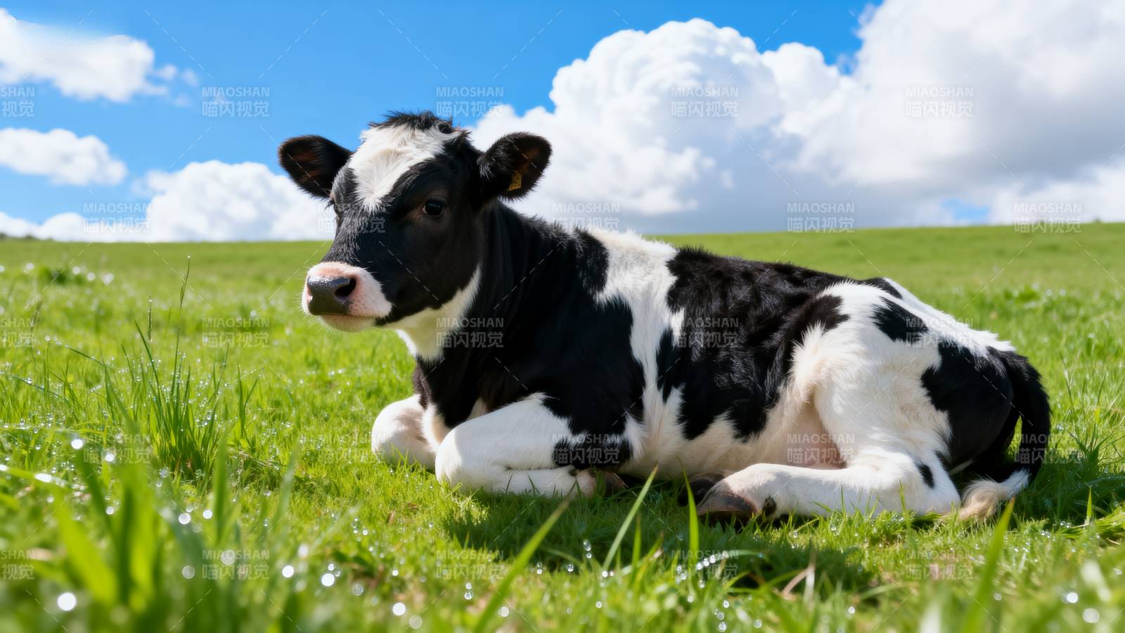 小牛躺草地图片