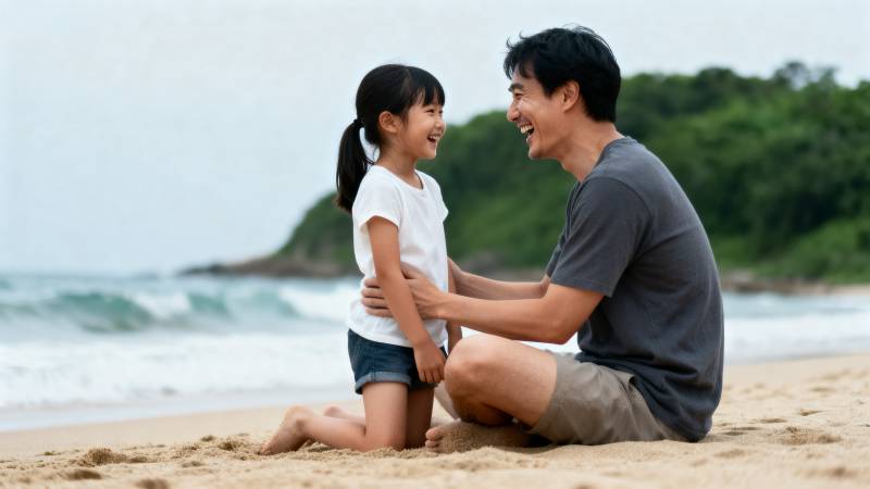 父女海滩欢笑图片