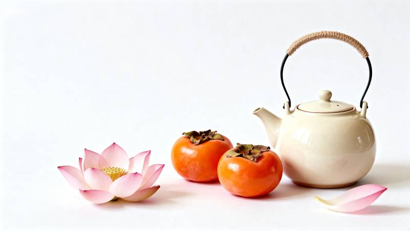茶壶与柿子静物图片