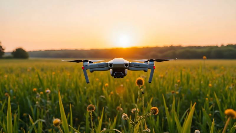 夕阳下无人机飞行图片