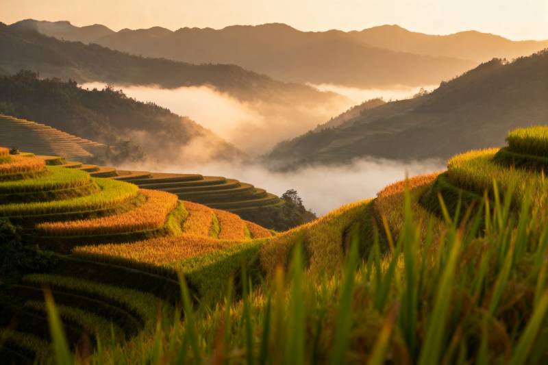 梯田晨雾图片