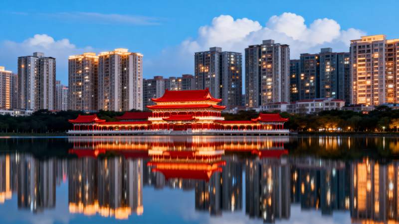 湖畔夜景映楼阁图片