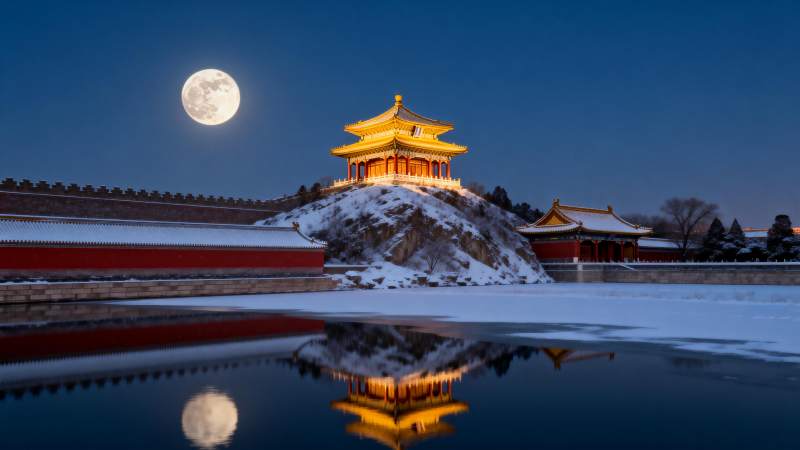 雪夜故宫月影图片