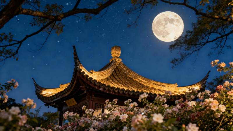 月下古亭花影图片