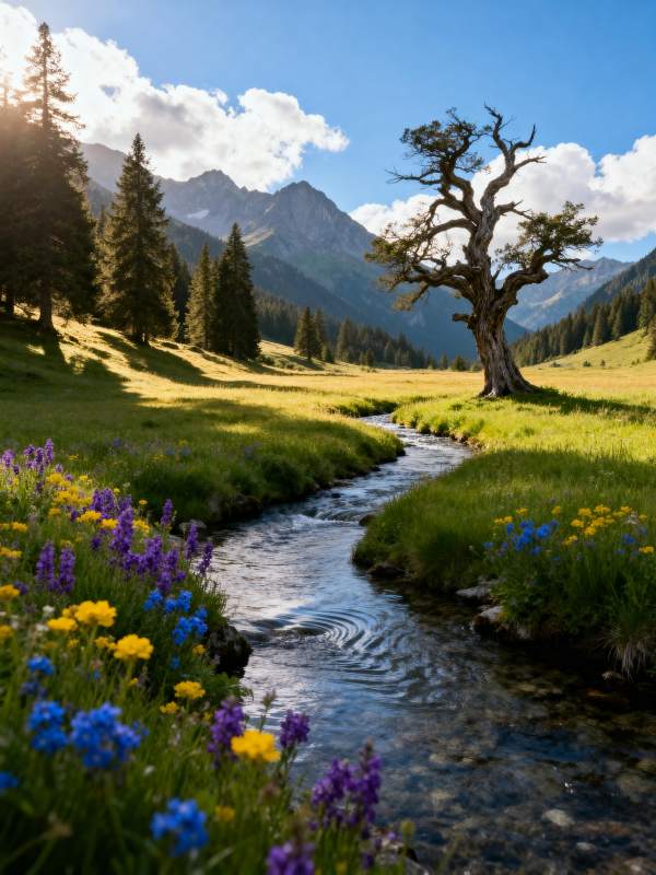 山间溪流花影图片