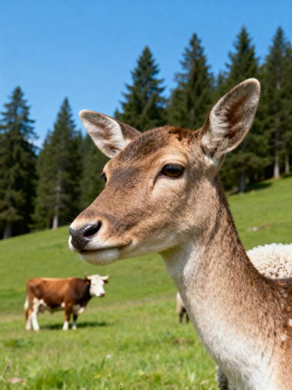 鹿与牛共处草原图片