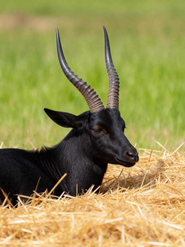 黑羚羊静卧草垛图片