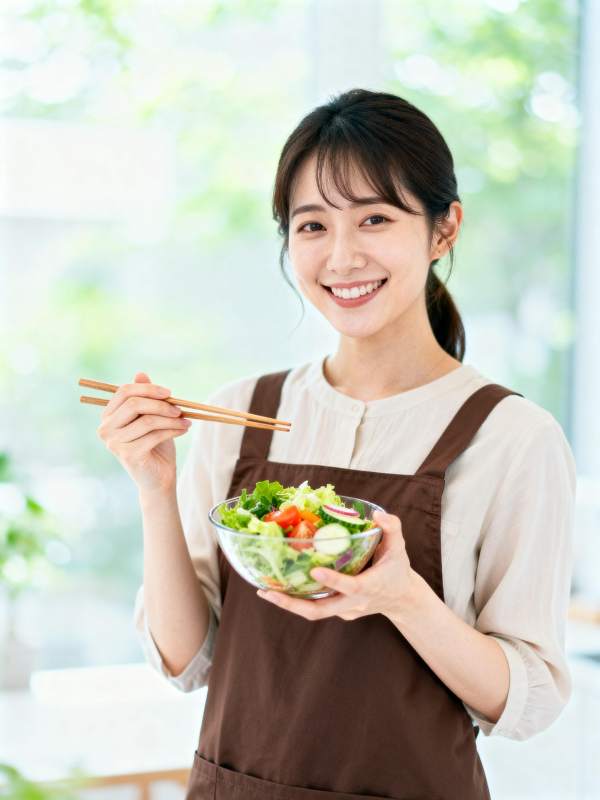 微笑女子捧沙拉图片