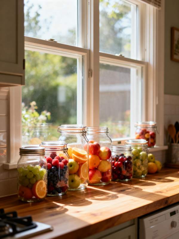 阳光下的水果罐头图片