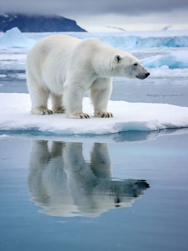 北极熊冰上倒影图片