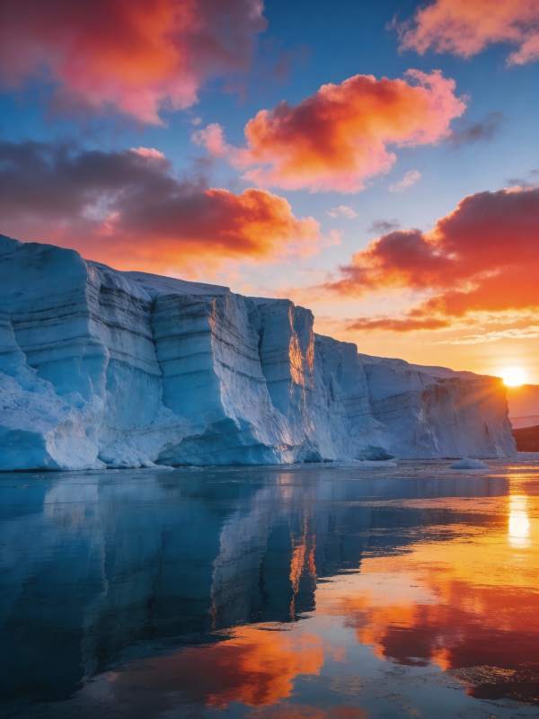 冰川日落倒影图片