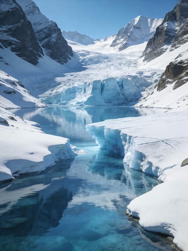 冰川湖畔雪峰映图片