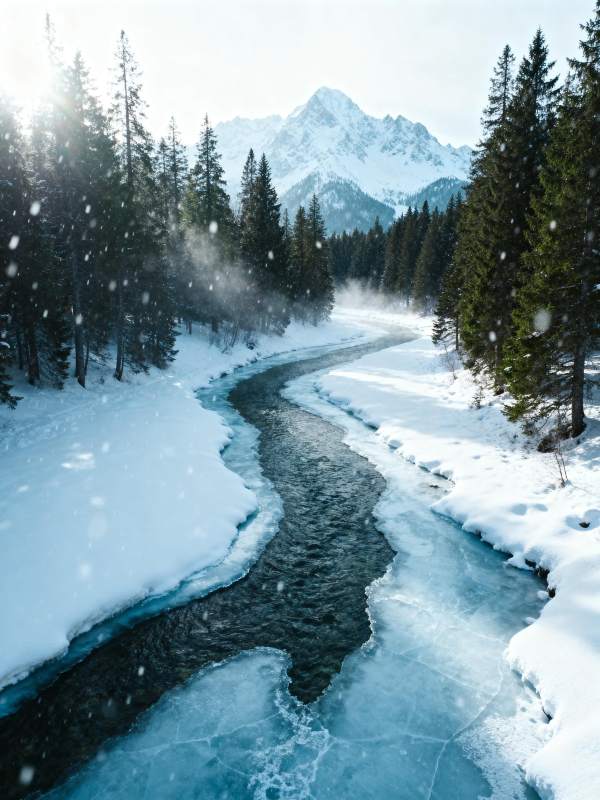 雪中溪流图片
