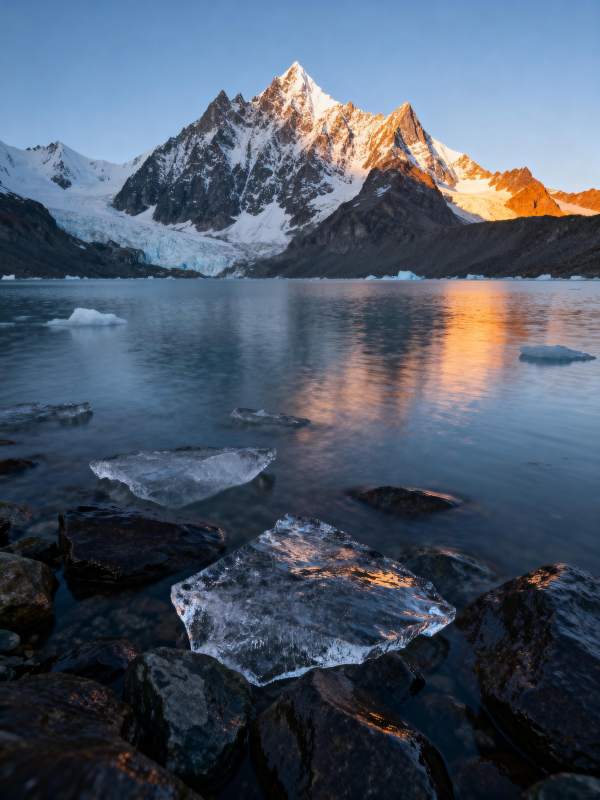 雪山映湖冰浮图片