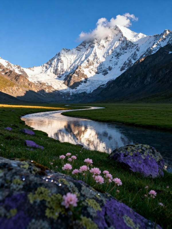 雪山映溪花图片