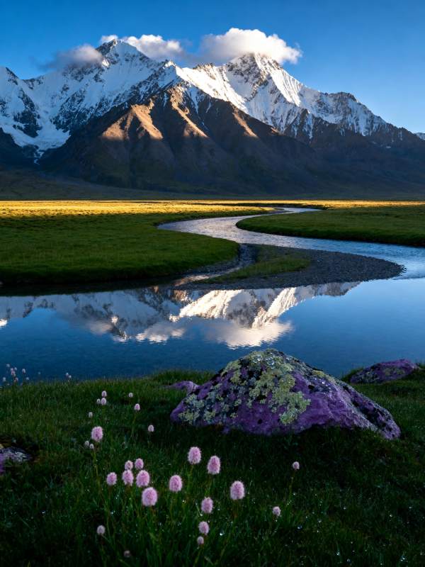 雪山倒影湖畔花图片