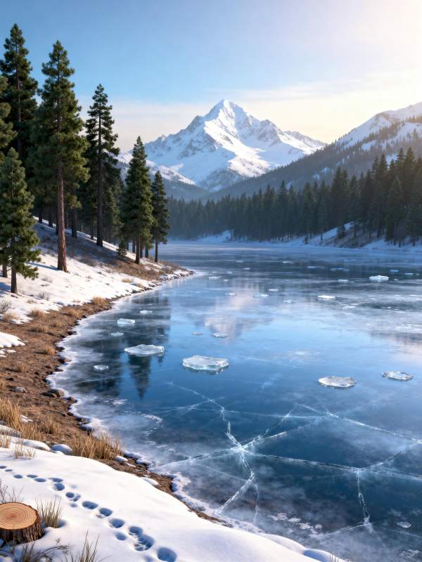 雪山湖畔冬景图片