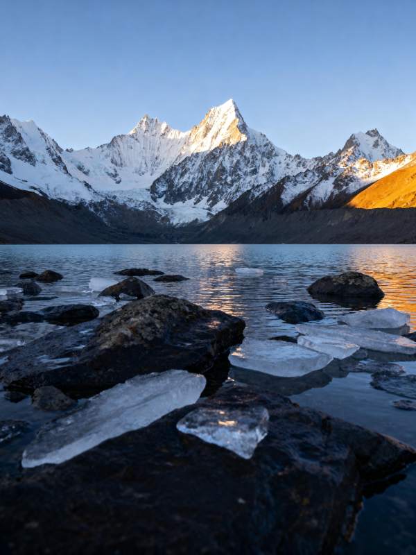 雪山湖畔晨光图片