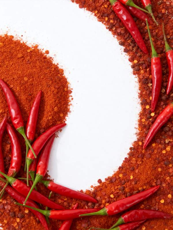 辣椒与红椒粉环绕图片