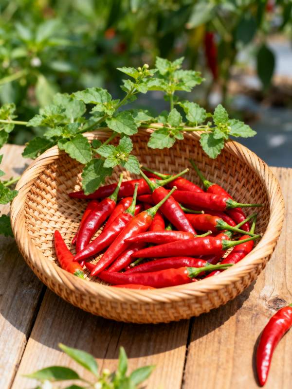 红椒满篮 绿叶相伴图片