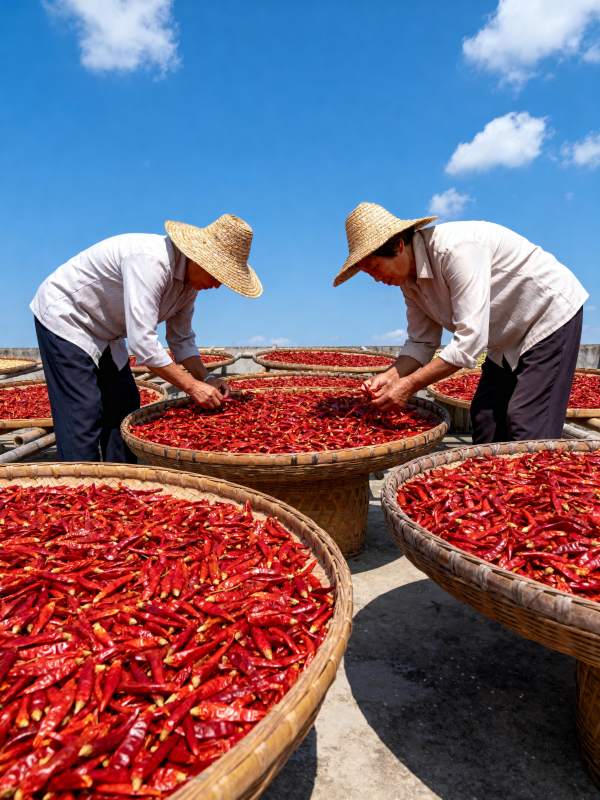 晒辣椒的农妇图片