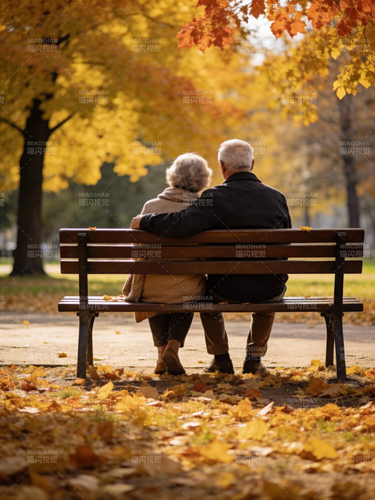 秋日公园情侣椅图片