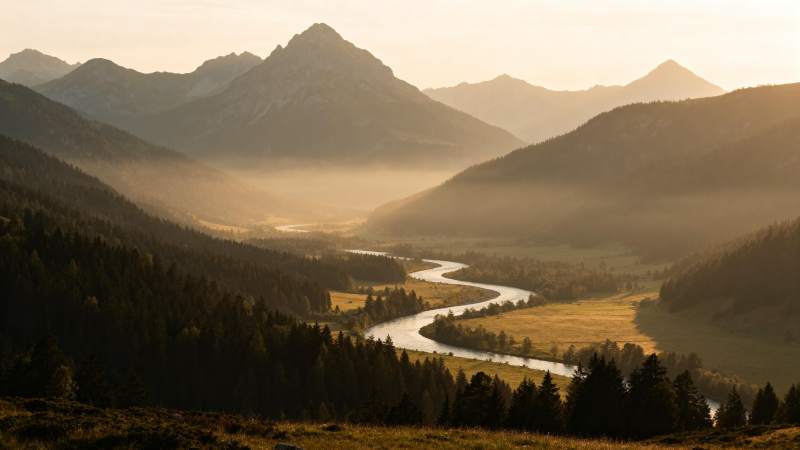 晨曦山谷河流图片