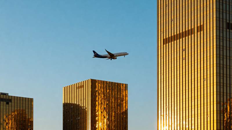 飞机掠过城市高楼图片
