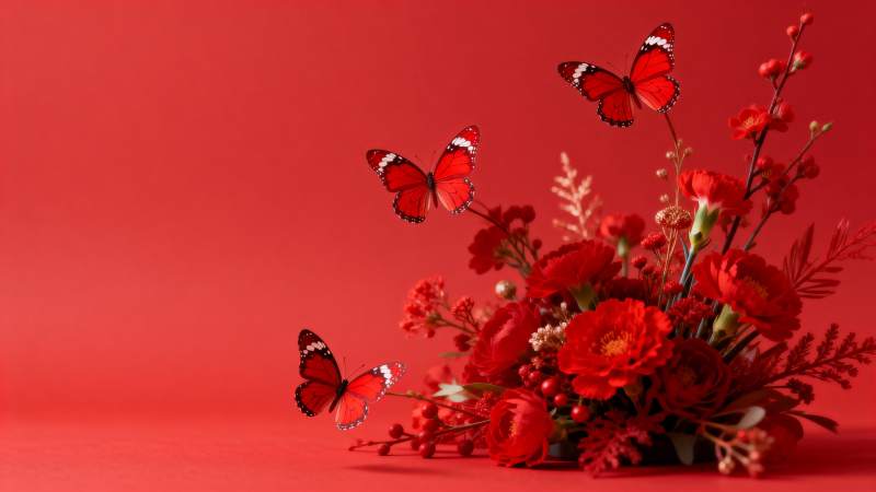 红蝶翩跹花丛中图片