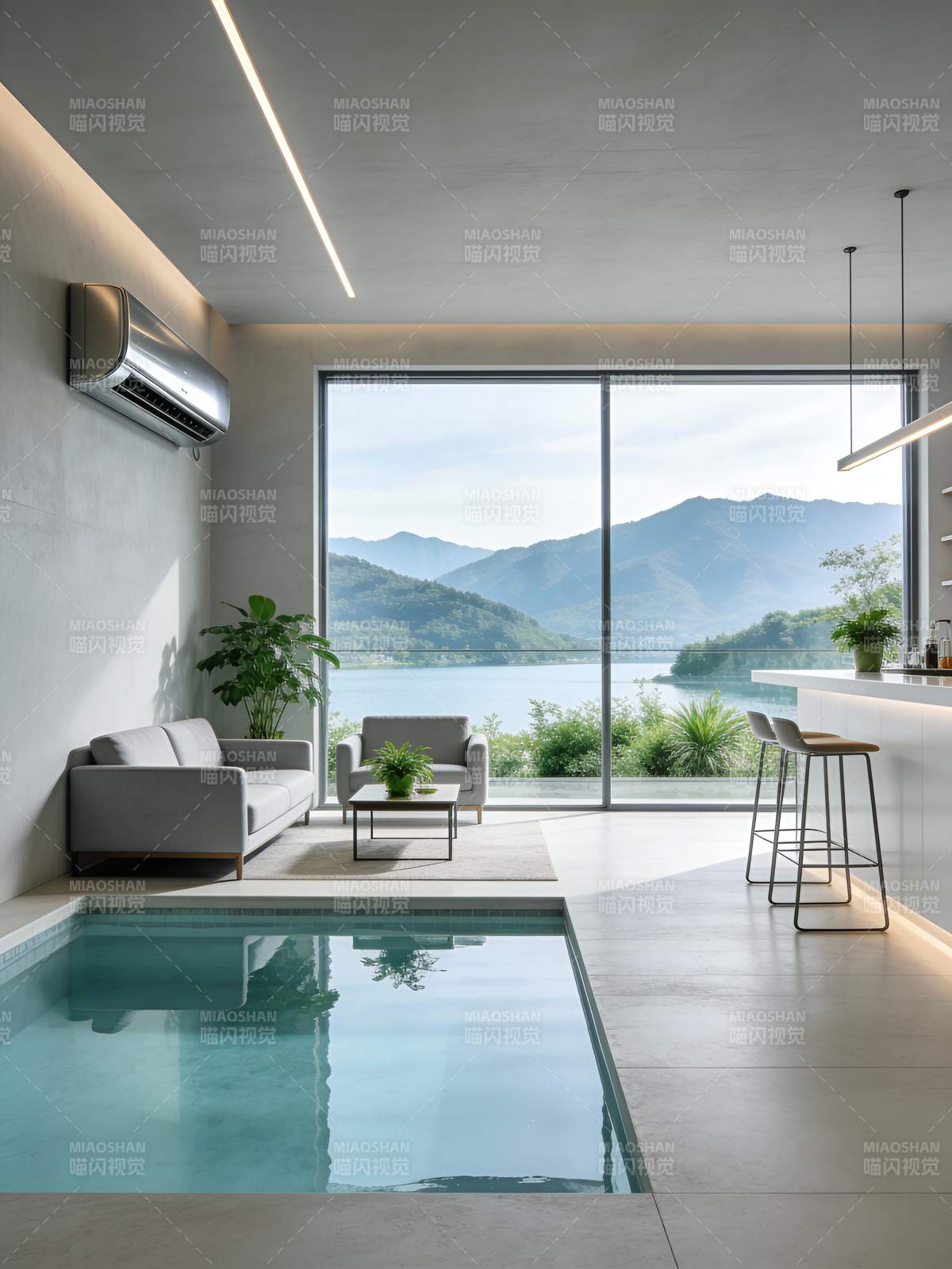 湖景泳池客厅图片