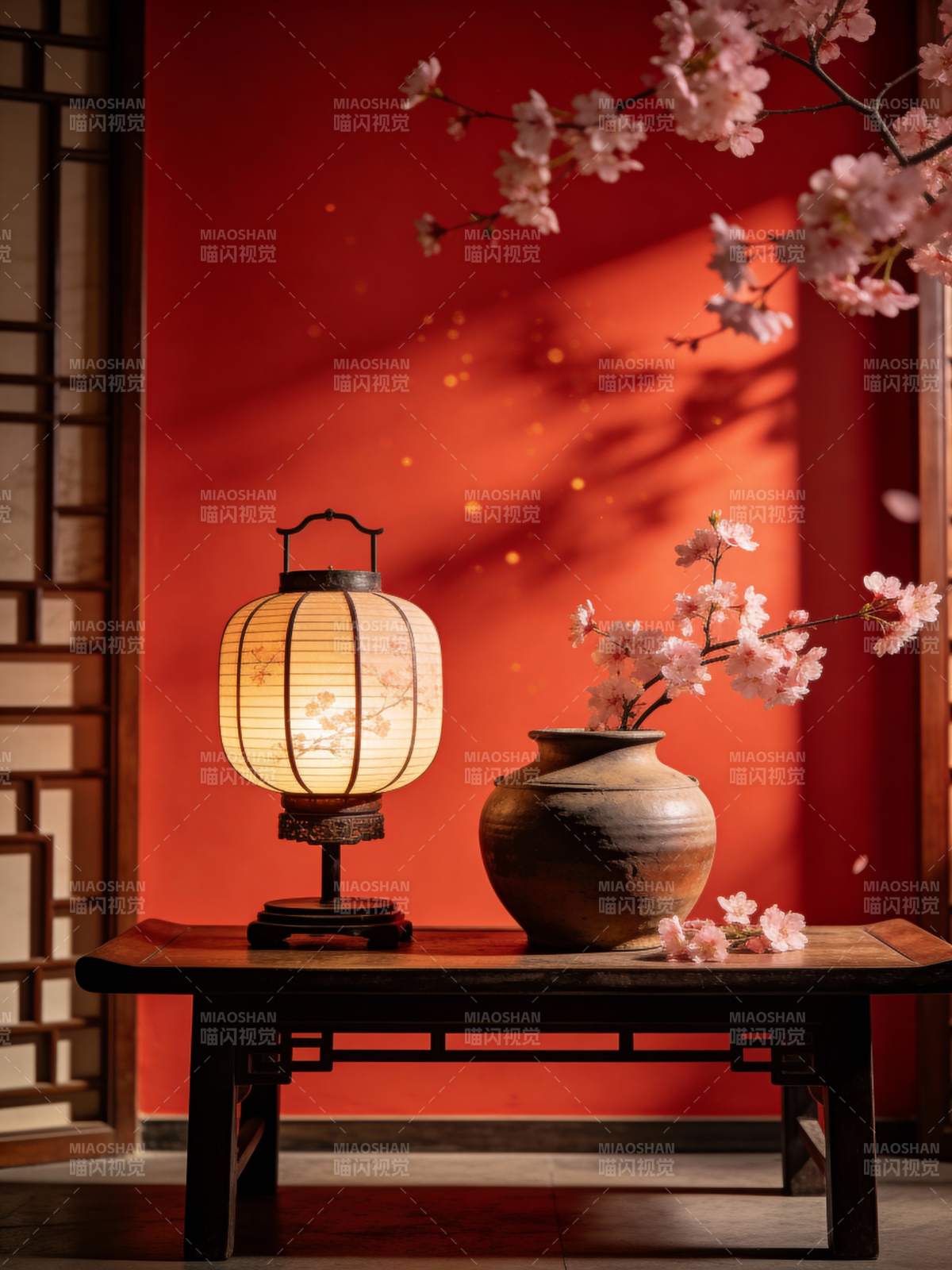 樱花灯影映红墙图片
