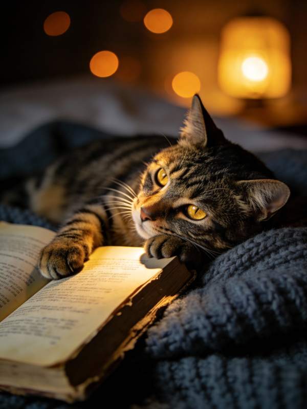 猫伴书灯夜读图片