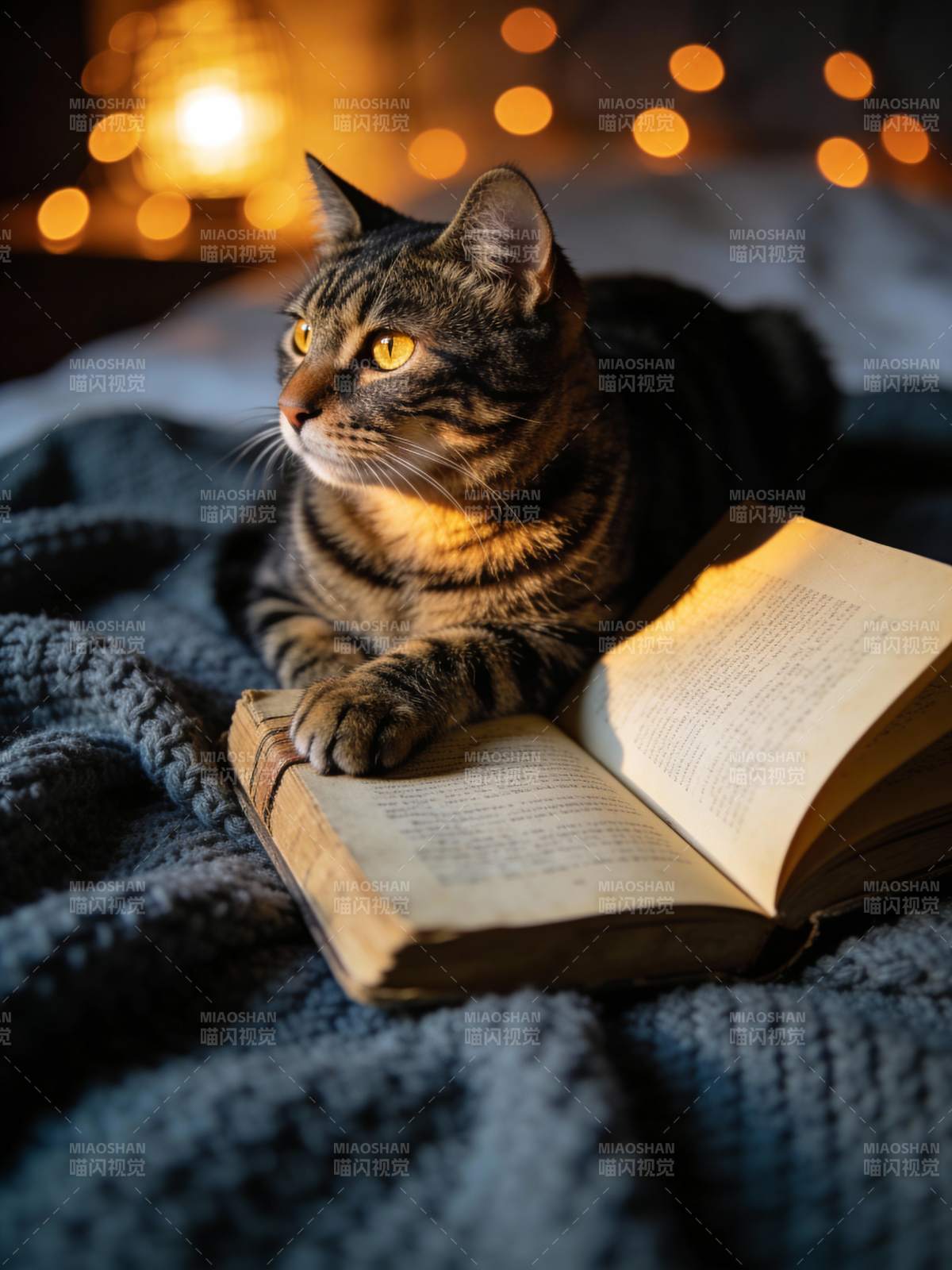 猫伴书灯夜读图片