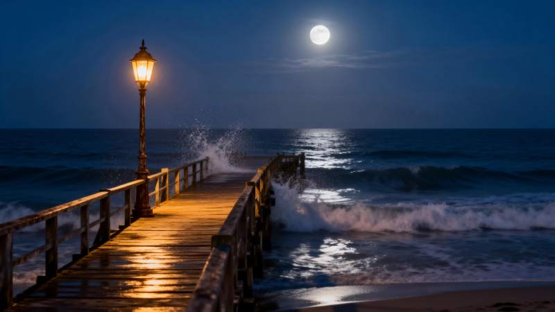 月夜码头灯火图片