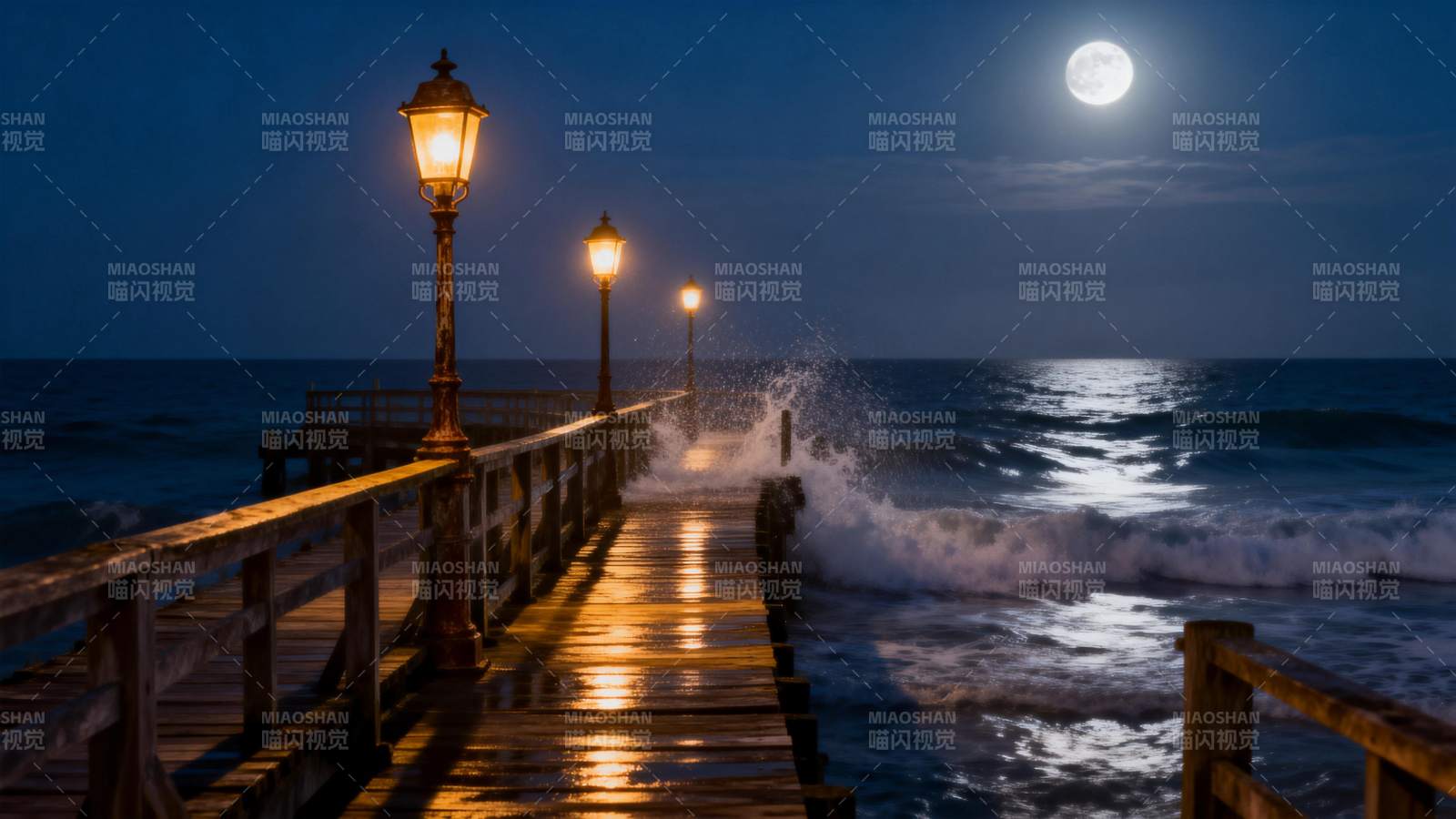 月夜码头波光粼粼图片