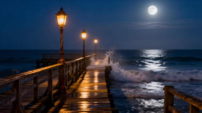 月夜码头波光粼粼图片