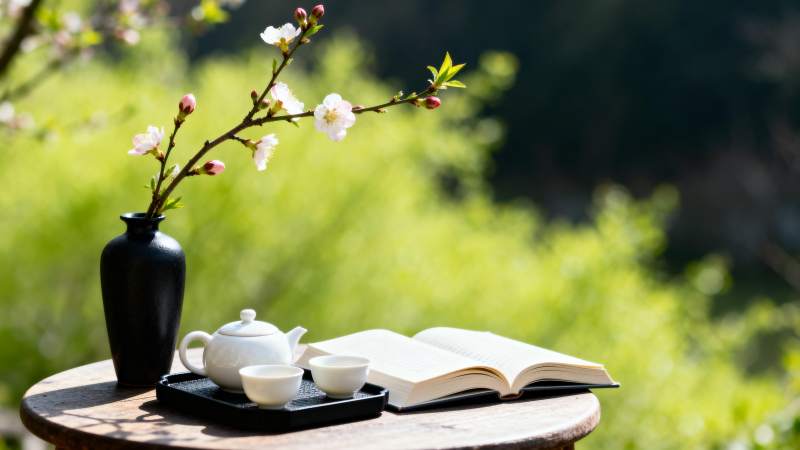 春日茶书静谧景图片