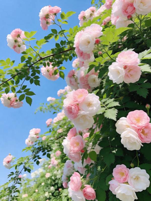 粉白蔷薇映蓝天图片