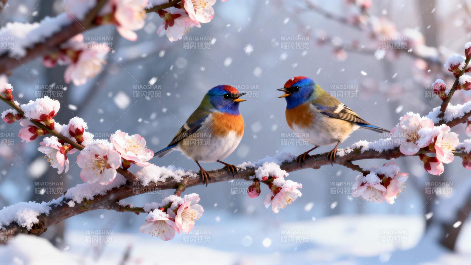 雪中花枝双鸟栖图片