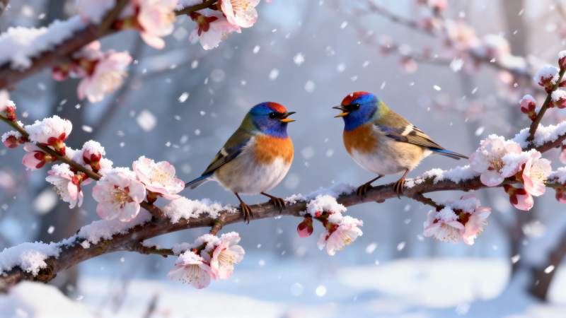 雪中花枝双鸟栖图片