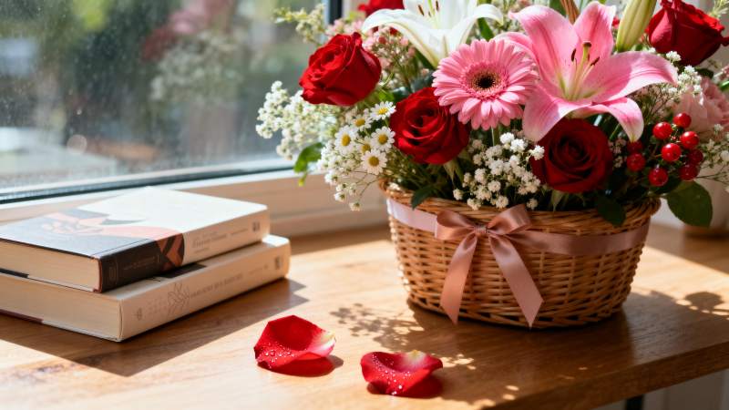 花篮与书静谧时光图片