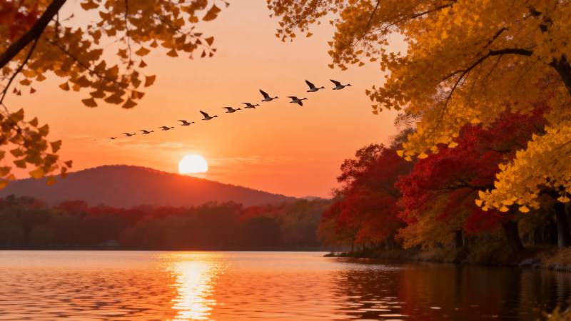 秋日湖畔飞雁图片