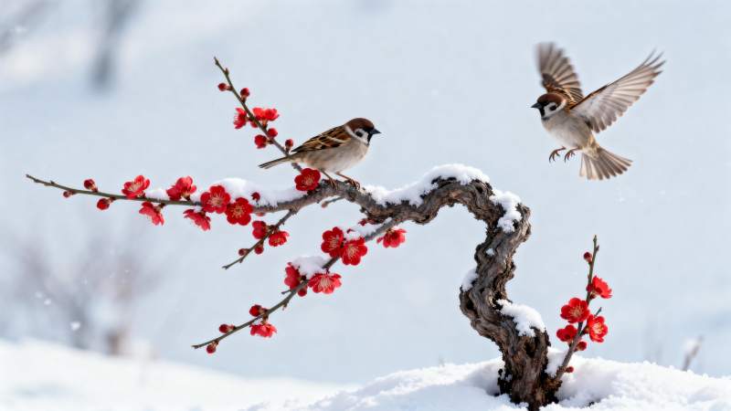雪中梅枝雀舞图片