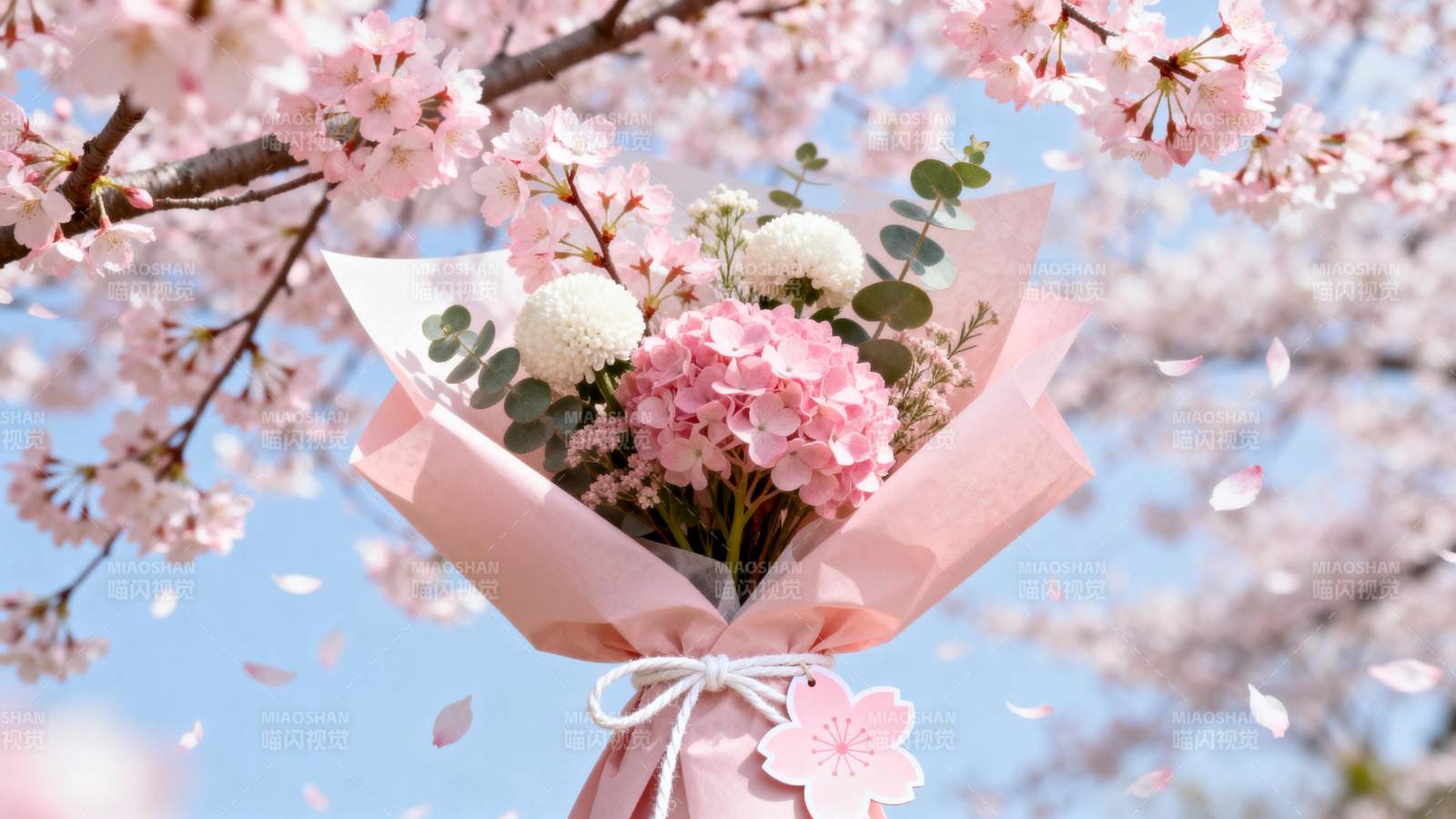 樱花下的花束图片